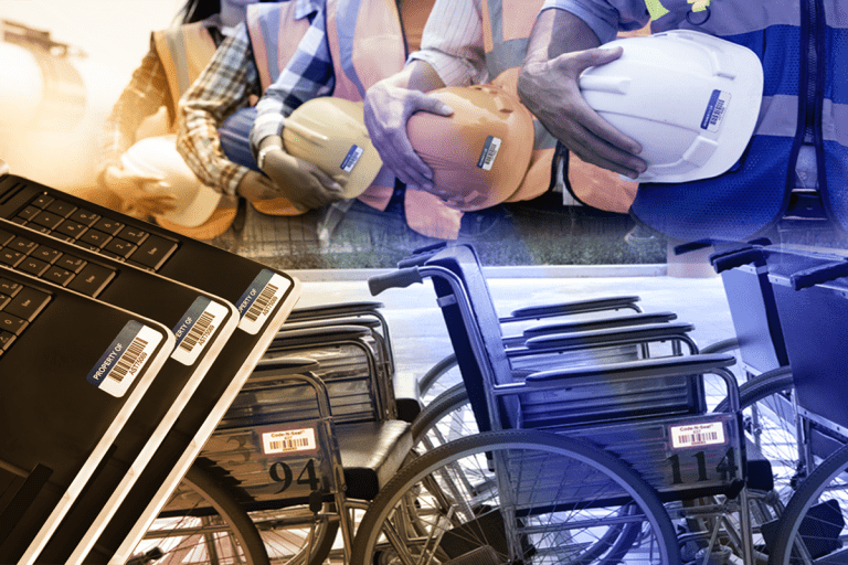 Asset Labels on different assets pictured in multiples; PPE helmets, hospital wheelchairs, laptops